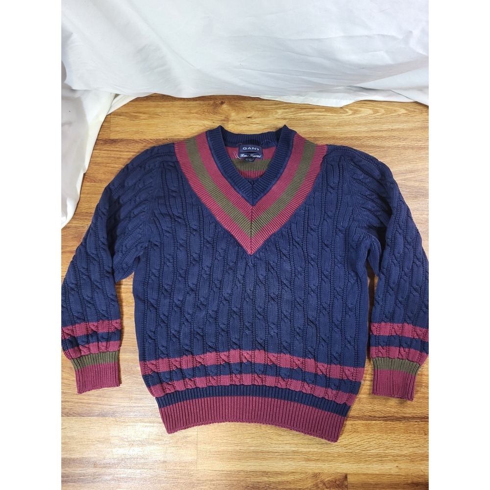 Vintage Gant Hand Framed V Neck Navy Blue Cable Knit Cotton Sweater Preppy Large